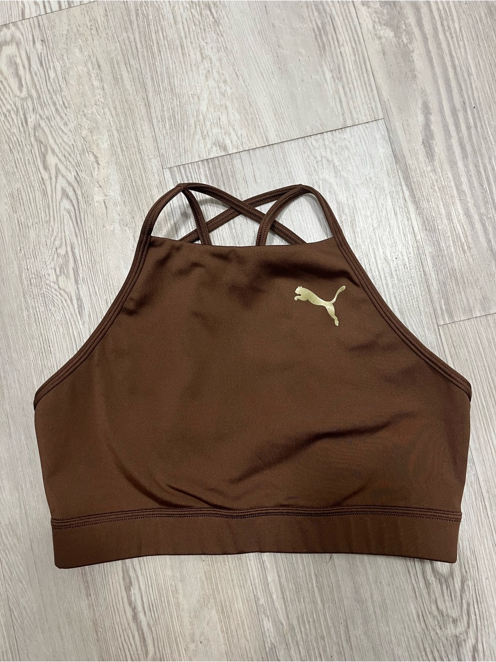 Puma Brown Strappy High-Neck Sports Bra with Gold Logo